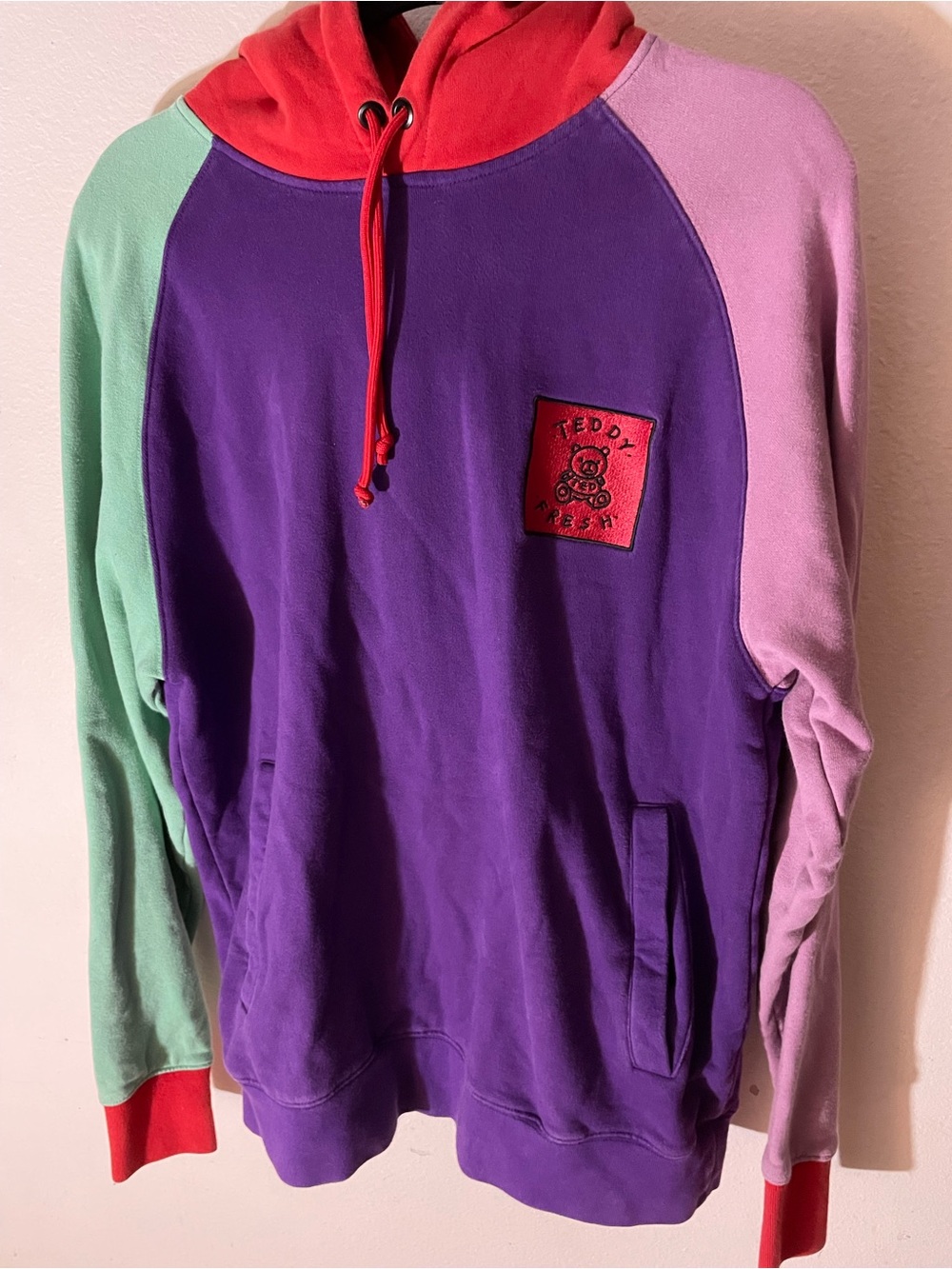 Teddy Fresh Purple Hoodie with Red Hood, Mint & Lavender Sleeves